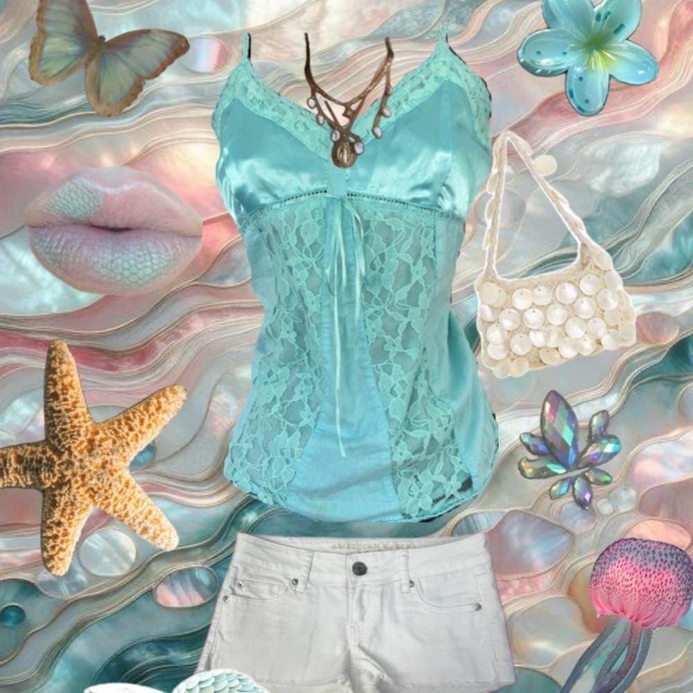 Vintage Aqua Lace Trim Cami Top